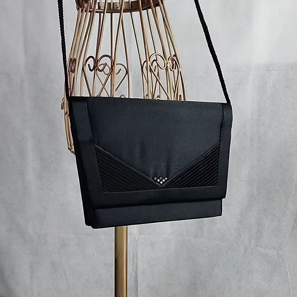 Vintage La Regale Rhinestone Pleated Assymettrical Black Crossbody Evening Bag